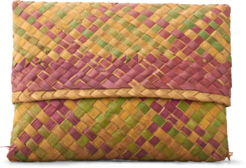 close-up of old ancient woven rattan clutch or wallet isolated white background, handcrafted accessory made using natural materials and traditional weaving techniques 