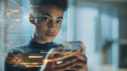 Focused woman using smartphone with abstract digital data overlay in a futuristic office.

