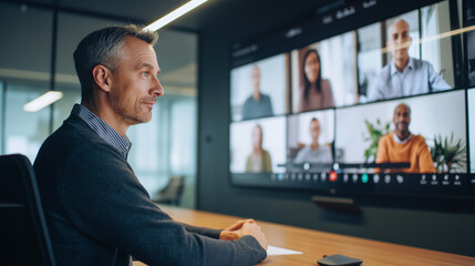 Businessman attending a video conference with colleagues on a large screen in a modern office.
