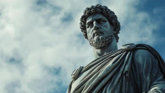 Marcus Aurelius statue under a blue sky with clouds in a historic public space, Marcus Aurelius statue