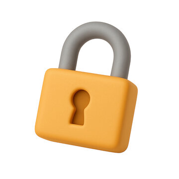 Gold padlock 3D icon in cartoon plastic style, minimal security symbol, isolated on transparent background, lock clipart, privacy and safety icon, modern design, clipping path included.