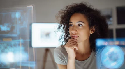 Fotobehang Focused woman analyzing futuristic digital data interfaces on transparent screens in a modern workspace.  © Curioso.Photography