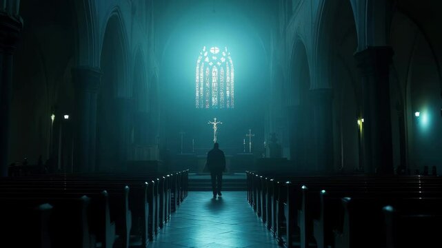 Silent reflection in a dark church with a figure walking down the aisle towards a glowing altar, Church In The Dark Walking Down Middle Of Aisle
