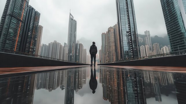 Contemplation A lone figure stands amidst towering skyscrapers reflected in a rainslicked path