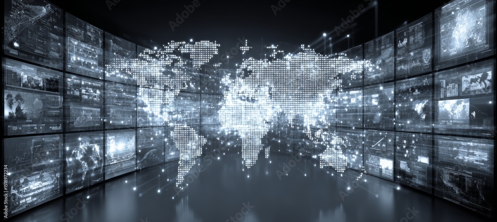 Aufkleber Digital hologram world map with screen display. Global internet network telecom and communication. Generative AI technology.
