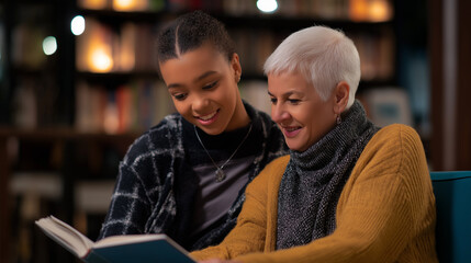 Senior woman helping teenage girl study a book in a cozy library setting.

