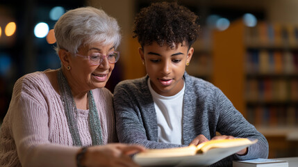 Senior woman helping teenage girl study a book in a cozy library setting.
