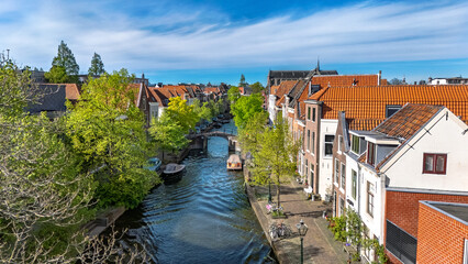 Leiden town aerial drone view from above, typical Dutch city skyline with canals and houses, Leiden architecture, South Holland, the Netherlands