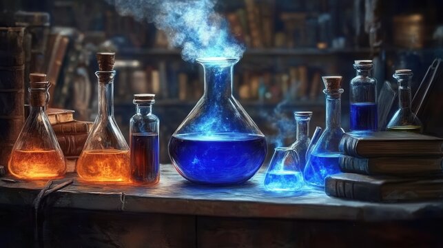 Mystical Potions Glowing Glass Flasks and Elixirs