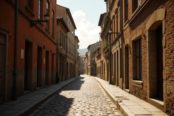 Narrow cobblestone street lined with old buildings creates a sense of historic charm and depth