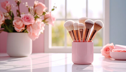 Pink Makeup Brushes Set in Holder