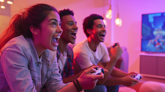 Group of friends enthusiastically playing video games together in a cozy room at night.
