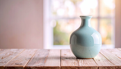 Serene Teal Vase on Rustic Wood Table