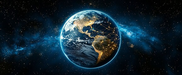 Earth at night, illuminated cities and glowing network connections, set against a starry backdrop