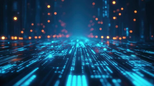 Exploration of blue digital binary data network extending into the distance with glowing lights, Blue digital binary data Seamless - Powered by Adobe