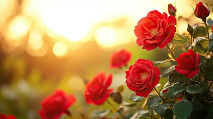 Obraz premium Close-Up of Vibrant Red Roses at Sunset, Red Roses Blooming in Garden at Sunset Light
