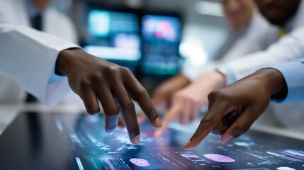 Medical professionals using futuristic touchscreen interface in a high-tech lab.
