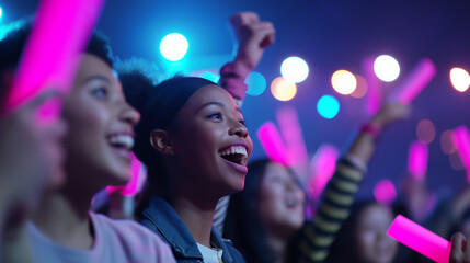 Excited fans enjoying a vibrant concert with glowing light sticks.
