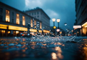 Rain splashes on the road. Lights of the night city. AI generation.