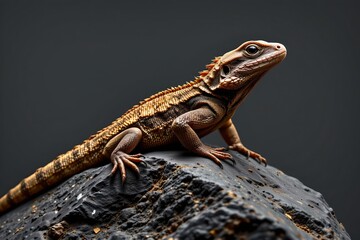 lizard sitting on a rock, black backdrop
