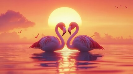 Fototapeta premium Two flamingos at sunset heads touching heart shape