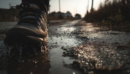 Close-up of a foot stepping through a puddle on a rural road