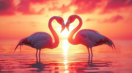 Naklejka premium Two Flamingos Forming Heart Shape at Sunset