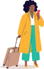 One Plus Size Black Businesswoman With Luggage Bag Checking At Her Mobile Phone.