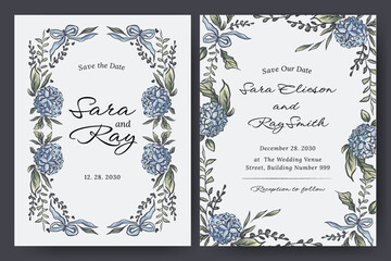 Hand drawn wedding card with hydrangea flower, blooms, bouquet, ribbon, bow illustration design for flyer, poster, wedding invitation, cover.