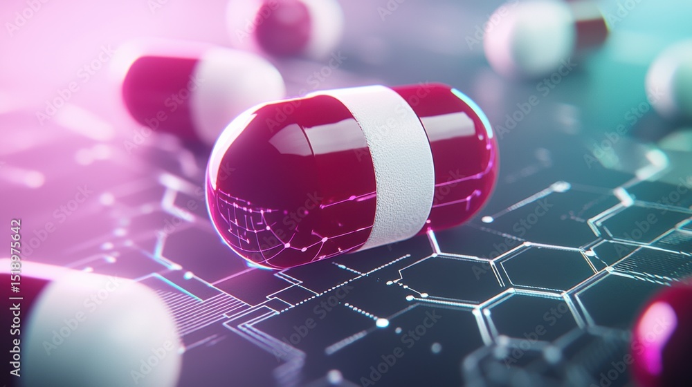 Poster vibrant abstract visualization depicting the intersection of technology medicine and scientific rese