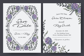 Hand drawn wedding card with hydrangea flower, blooms, bouquet, ribbon, bow illustration design for flyer, poster, wedding invitation, cover.