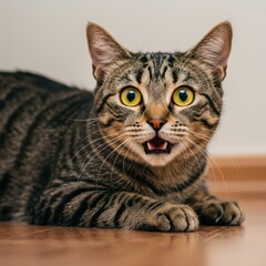 A Surprised Tabby Cat with Wide Eyes Indoor Closeup Shot