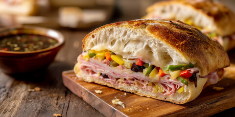 Sourdough Muffuletta Sandwich on wooden.. generative ai.