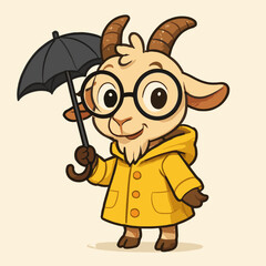 A curious goat with big glasses and a yellow raincoat holding an umbrella.