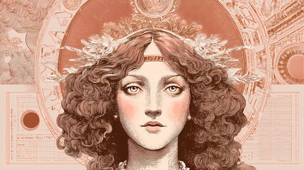 calendar art with seasonal themes | seasons as muses | idealized elegance | pale lavender and copper | frontal portraiture | celestial iconography | haloed figure ornamentation | line engraving |