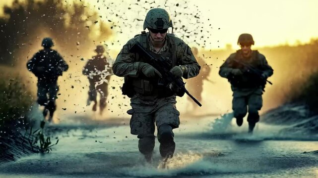 Soldiers running through water in slow motion during sunset military training exercise, Soldiers running through the water, slow motion