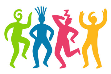 People Party illustration, colorful minimalist style, mid-century modern, childlike shapes, whimsical character design, no outlines, solid colors, stylized proportions