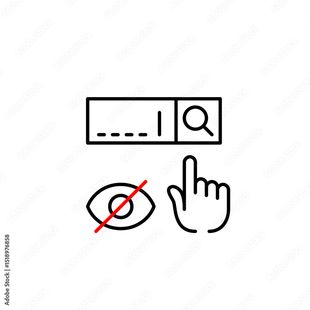 Poster vector icon of search bar with click and crossed-out eye, symbolizing hidden search, private browsin