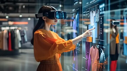 Woman using virtual reality headset to interact with digital clothing display in a modern retail store - Powered by Adobe