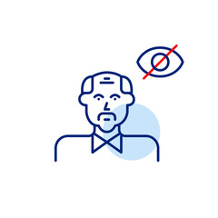 Vector icon of elderly man with crossed-out eye, symbolizing hidden identity, private status, or protected privacy. Ideal for healthcare apps, social platforms, and privacy settings