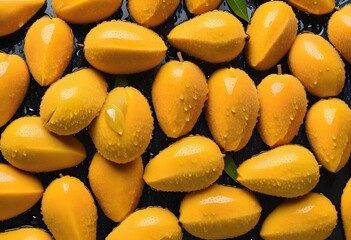 Top-Down View of Ripe Mangoes with Water Drops, High Angle