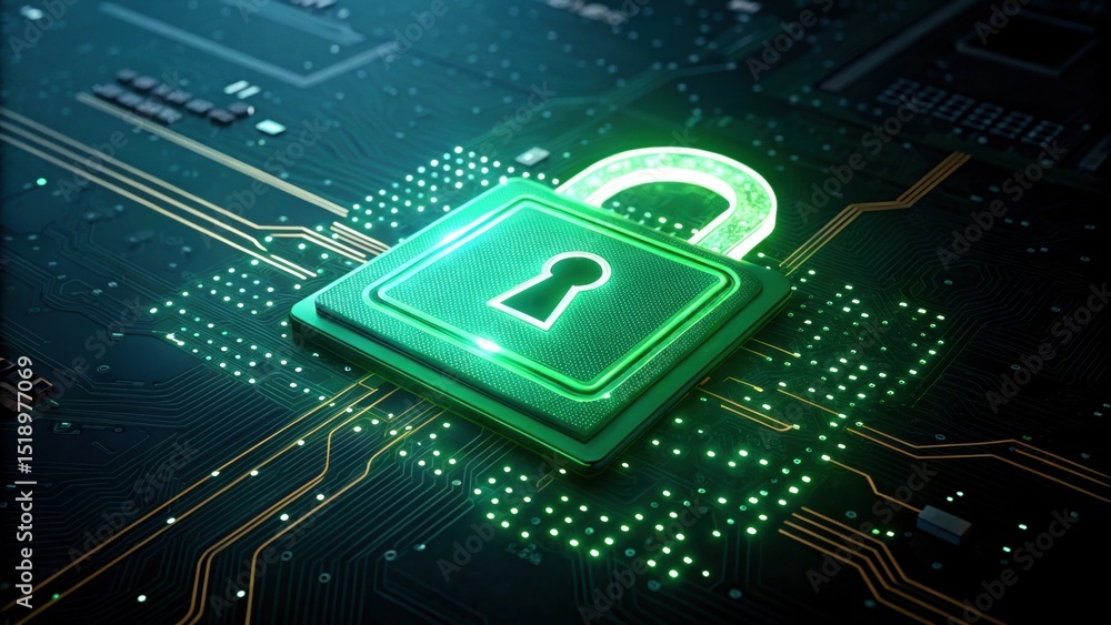 Aufkleber digital lock symbol over a circuit board, representing cybersecurity and data protection.