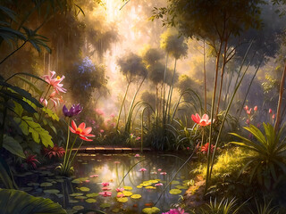 pond with dense vegetation tropical rain forest with trees and plants galore