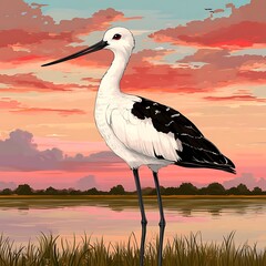 Fototapeta premium Elegant black-necked stilt portrait against a vibrant sunset backdrop scene