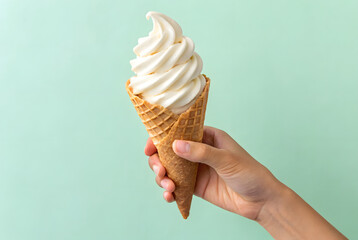 Vanilla Flavor Ice Cream soft serve in crispy cone with hand holding