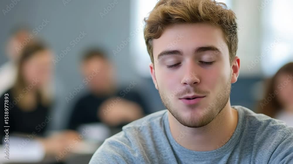 Poster smiling young man showing enthusiasm in a casual classroom setting during a learning session, smilin