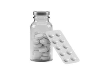 Medication Pills in a Glass Bottle and Blister Pack isolated on transparent baackground