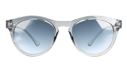 Modern clear frame sunglasses with blue gradient lenses for stylish eye protection and summer fashion isolated on white transparent background PNG cutout