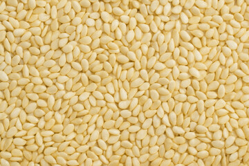 Raw sesame seeds arranged tightly to form a beige seed background
