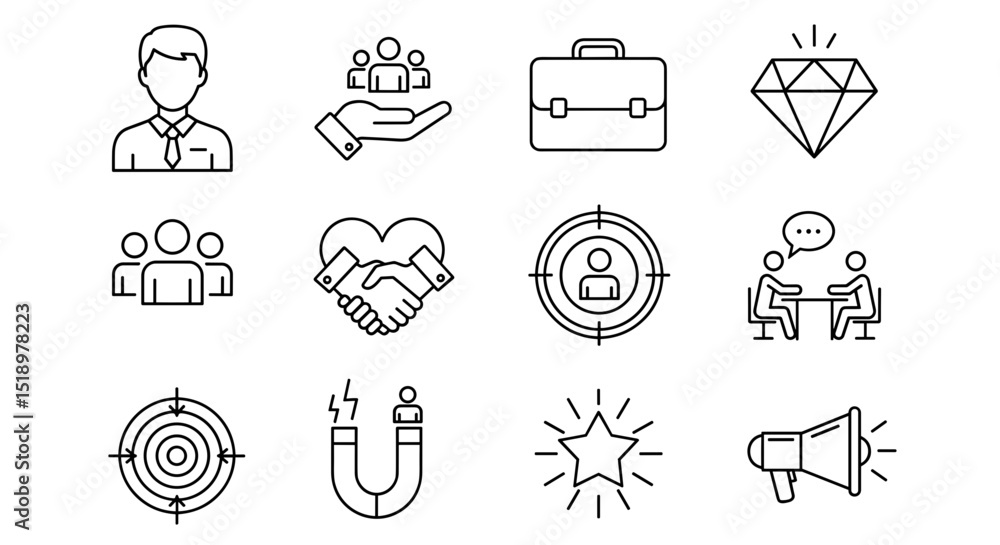 Poster collection of business and recruitment related line icons representing various concepts and ideas sh